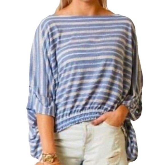 Free People Azalea Stripe Top Size Small Oversized Boho Blue & White - Picture 5 of 10